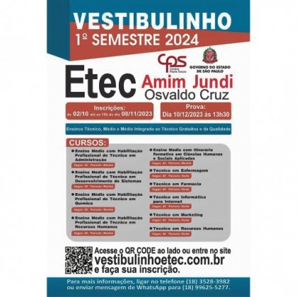 Etecs abrem inscrição do Vestibulinho para o primeiro semestre de